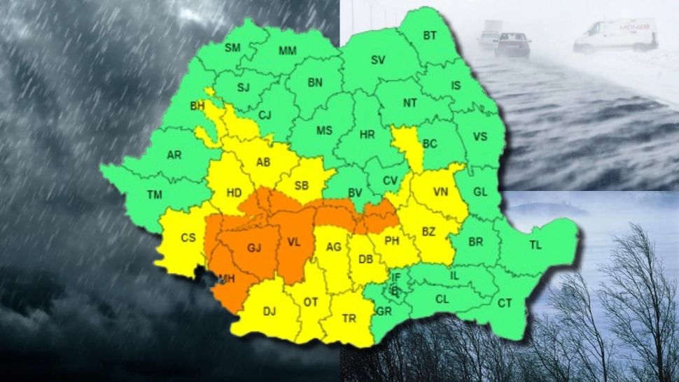 ALERTĂ ANM de vreme rea în România! Cod Portocaliu și Galben de precipitații abundente, vânt puternic și ninsori. Care sunt zonele vizate