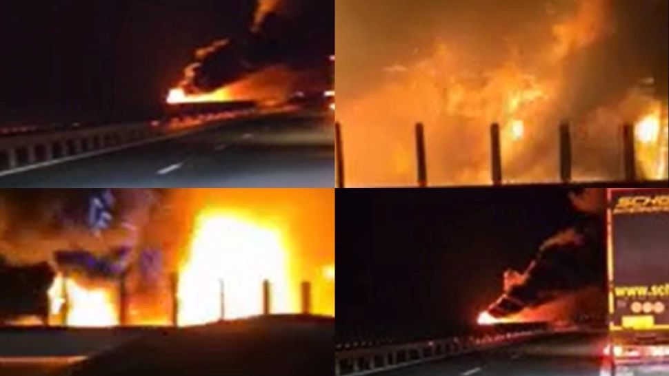 Trafic blocat pe autostrada A1. Un TIR a luat foc în apropiere de localitatea Margina din judeţul Timiş