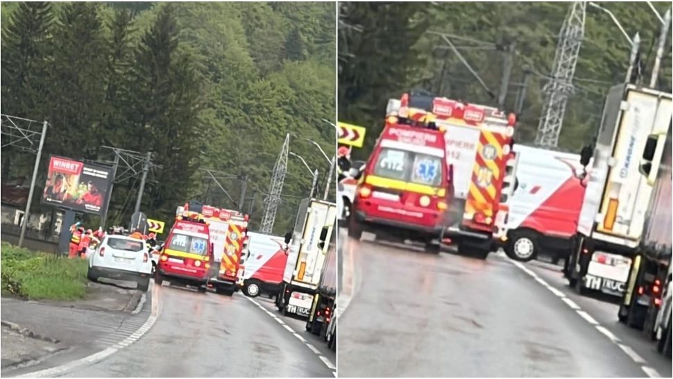 Trafic blocat pe DN1, între Ploiești și Brașov. Două mașini s-au ciocnit violent, iar o autoutilitară a luat foc 