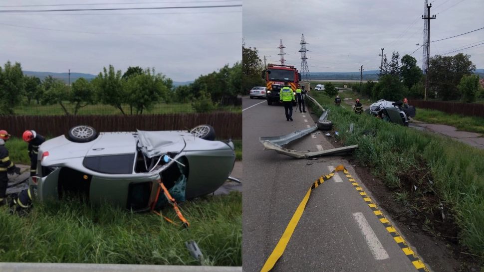Accident grav în județul Iași. Un șofer s-a răsturant cu mașina pe marginea drumului 