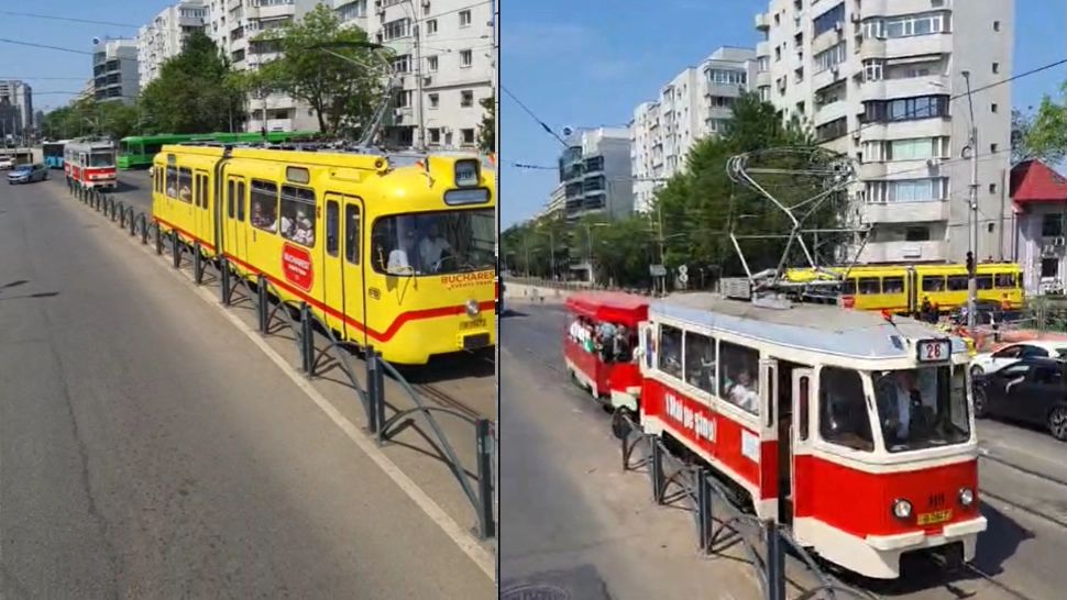 Parada Tramvaielor de epocă din București. Tramvaie de pe vremea bunicilor defilează acompaniate de muzică de fanfară. Vezi traseul - VIDEO