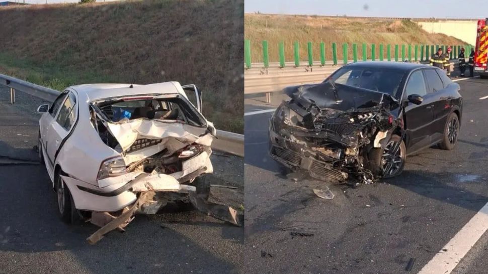 Trafic blocat pe A2. Trei persoane au fost rănite în urma impactului dintre două mașini 