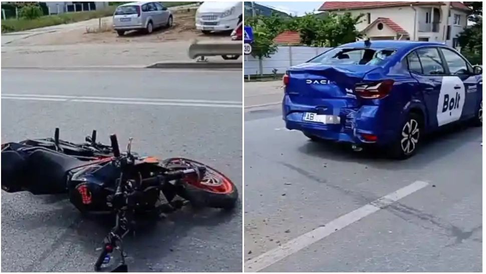 Accident grav în Alba Iulia. O persoană rănită, după ce o mașină s-a ciocnit violent cu o motocicletă 
