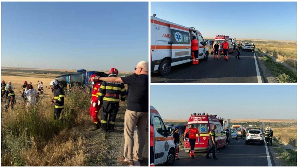Accident grav în Constanța. Un autocar cu circa 60 de călători s-a răsturnat. A fost activat Planul Roșu de Intervenție 