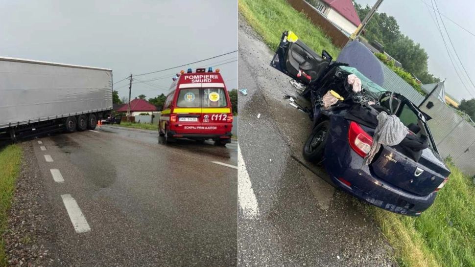 Accident rutier grav în județul Suceava. Bărbat în stare de inconștiență în urma impactului dintre o mașină și un TIR
