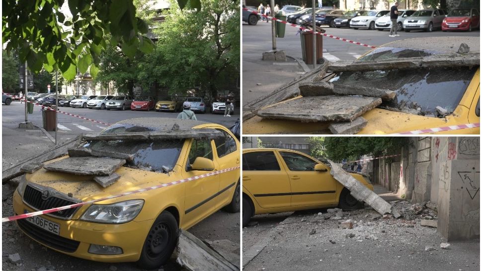 Intervenție în forță în București! Un balcon a căzut peste o mașină - VIDEO