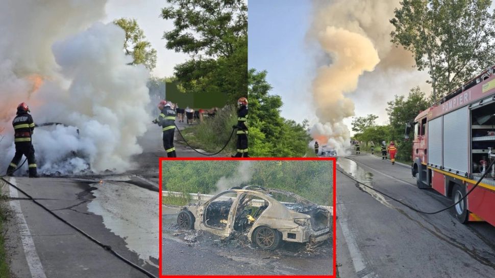 Incident grav în județul Argeș. O mașină a luat foc în mers 