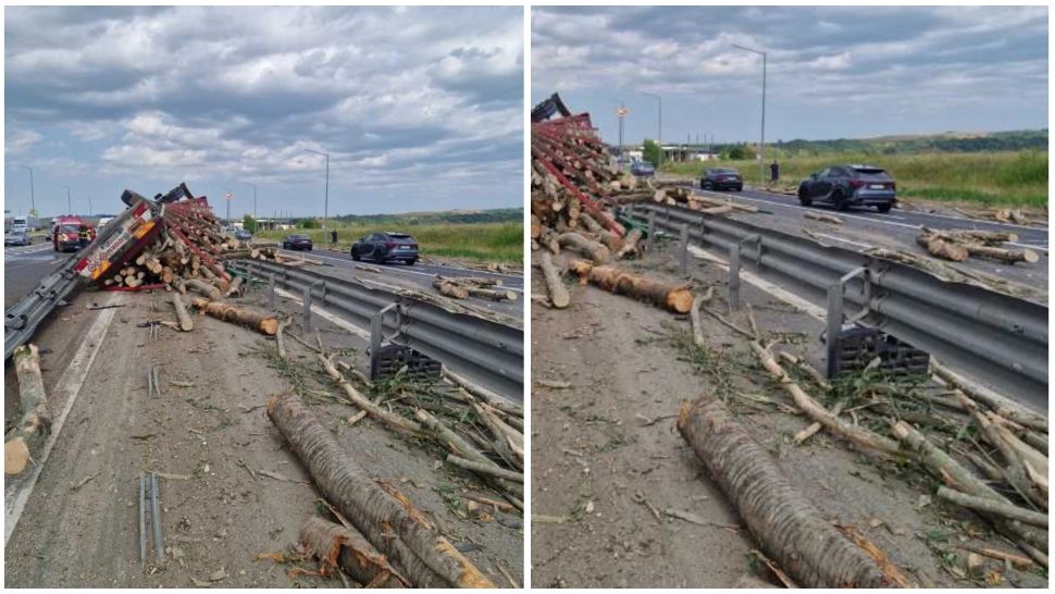 Trafic resticționat pe A1! Un camion plin cu lemne s-a răsturnat pe carosabil, după ce s-a ciocnit cu o mașină 