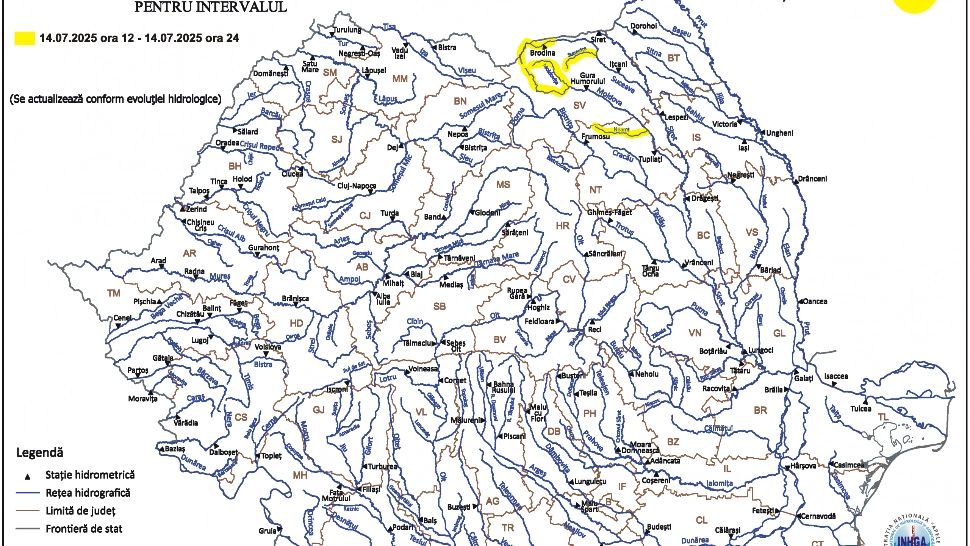 Cod galben de inundaţii pe râurile din mai multe judeţe - HARTA - 