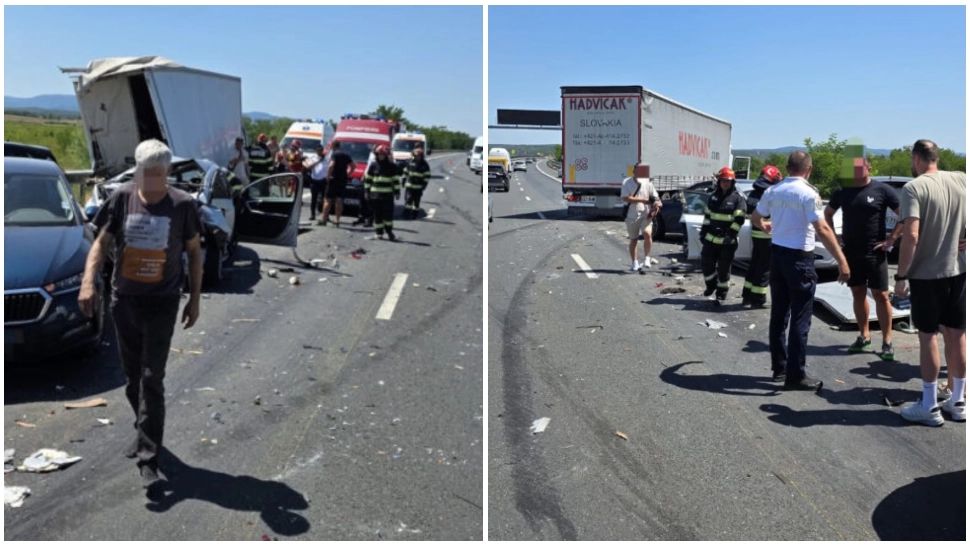 Accident grav pe autostrada A1 Deva-Nădlac. Trei copii şi 11 adulţi, răniţi în urma impactului dintre cinci autoturisme, un TIR şi o autoutilitară