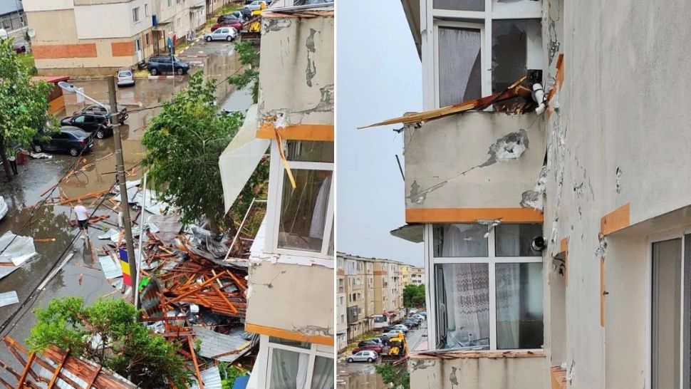 Furtuna de cod portocaliu a făcut prăpăd în Mioveni, jud. Argeș: acoperișul unui bloc a fost luat de vânt. Mai multe balcoane au fost distruse - FOTO