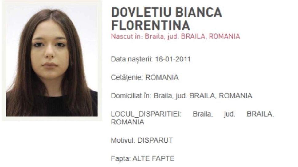 O adolescentă de 14 ani din Brăila este căutată de autorități: o primă ipoteză luată în calcul ar fi că Bianca Florentina se ascunde de familie