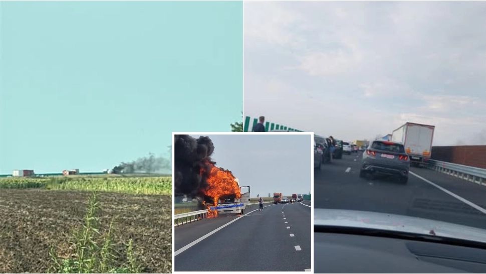  Trafic blocat pe Autostrada A7! Capul tractor al unei autocisterne încărcate cu GPL a luat foc. FOTO