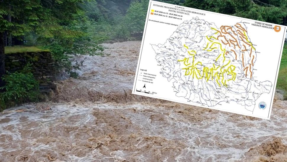Alertă hidrologică! Cod portocaliu de inundații pe râurile din nouă județe, până marți la 12:00