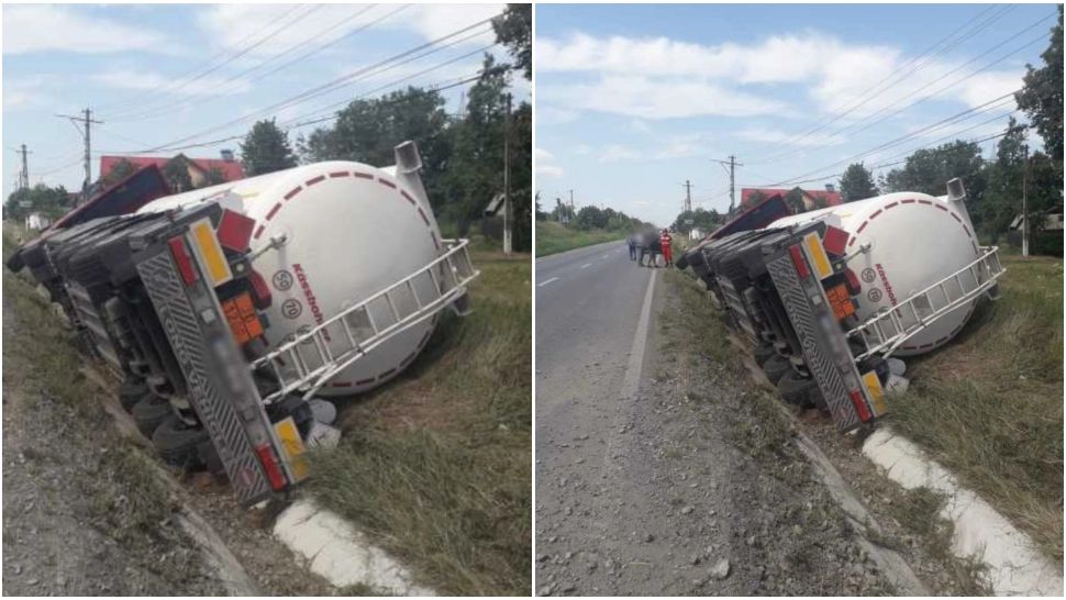 Alertă în județul Suceava. O cisternă încărcată cu 16 tone de motorină s-a răsturnat la Dolhasca 