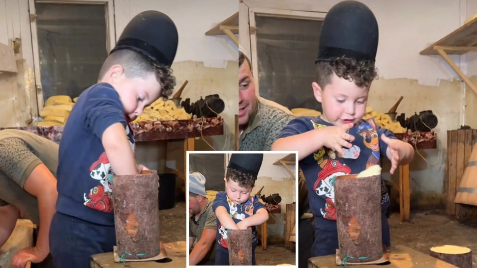 Imagini inedite dintr-un sat de munte din România.  Un copil de doar 4 ani face brânză de burduf 