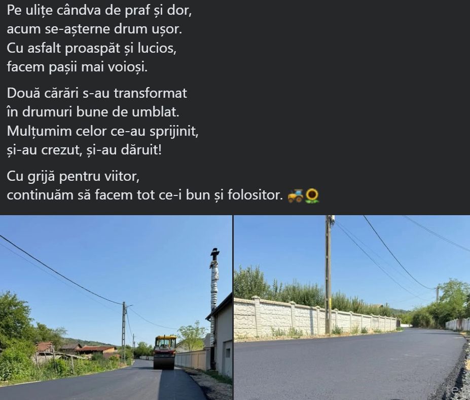 Asfaltarea unor străzi, omagiată cu o poezie pe pagina oficială a unei primării din Gorj: "Mulțumim celor ce-au sprijinit, și-au crezut, și-au dăruit!"