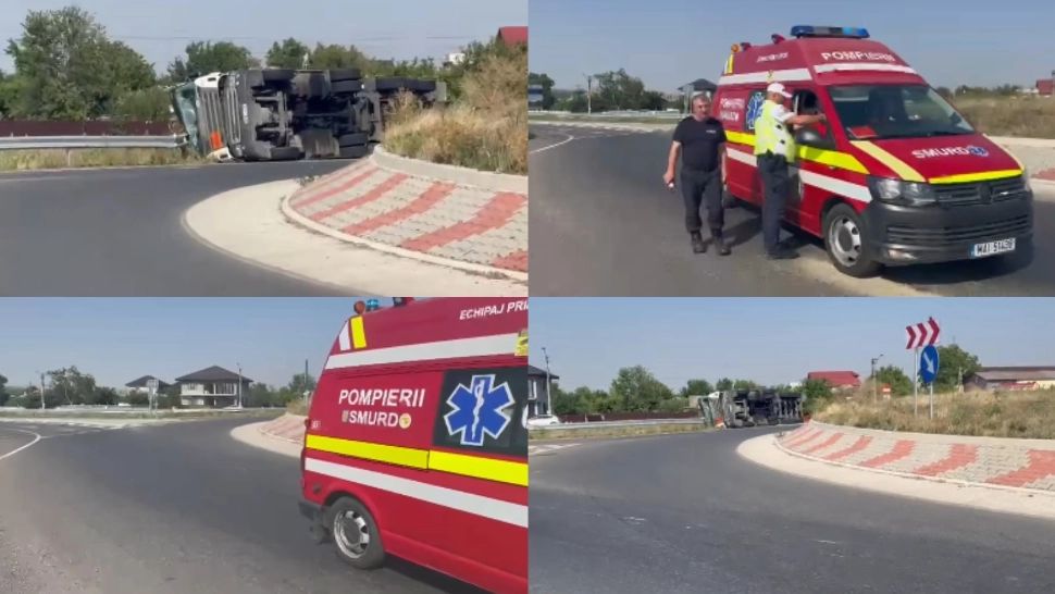 Trafic blocat pe DN 24A, în județul Vaslui. O cisternă plină cu gaz metan s-a răsturnat, sunt scurgeri din încărcătură pe carosabil