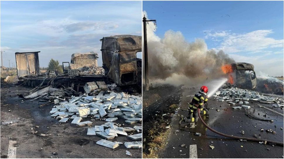 Trafic blocat pe DN56 A, în județul Mehedinți. Două camioane şi un autoturism au luat foc, după ce s-au ciocnit violent