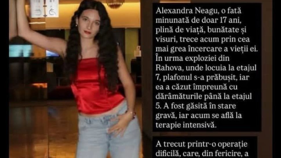 Explozia din Rahova: o adolescentă de 17 ani se zbate între viață și moarte, după ce a căzut de la etajul 7. Alexandra are nevoie de ajutor