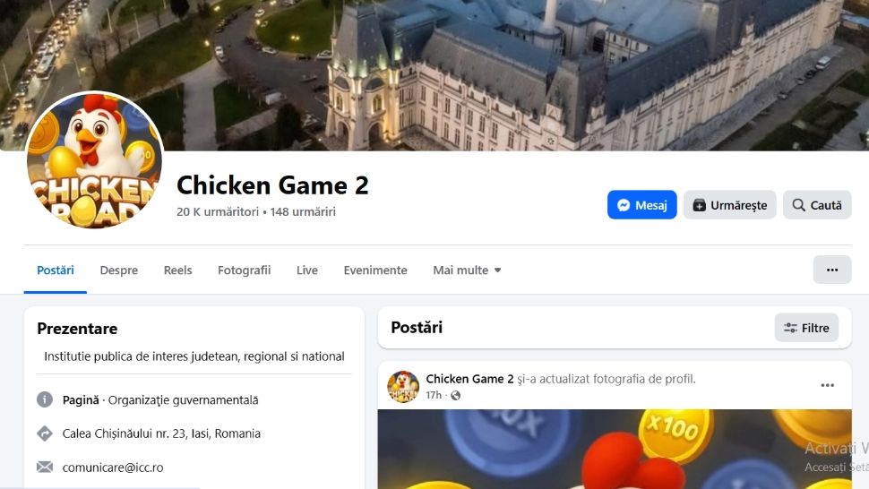 Pagina de Facebook a Consiliului Judeţean Iaşi a fost ţinta unui atac cibernetic. A fost redenumită Chicken Game 2, iar poza de profil a fost înlocuită cu cea a unei găini