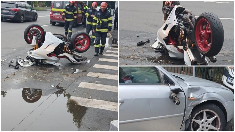 Accident în Capitală între o motocicletă și o mașină. Un bărbat a fost rănit