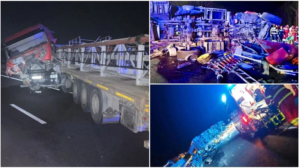 Accidente în lanț pe Drumul Expres 12: o autospecială de stingere s-a răsturnat, un TIR a intrat în parapet, trei mașini s-au tamponat 