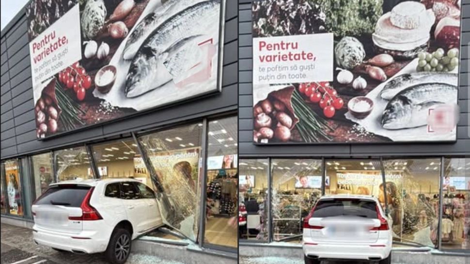 O șoferiță a intrat cu bolidul într-un supermarket din Brăila, direct prin vitrină - GALERIE FOTO