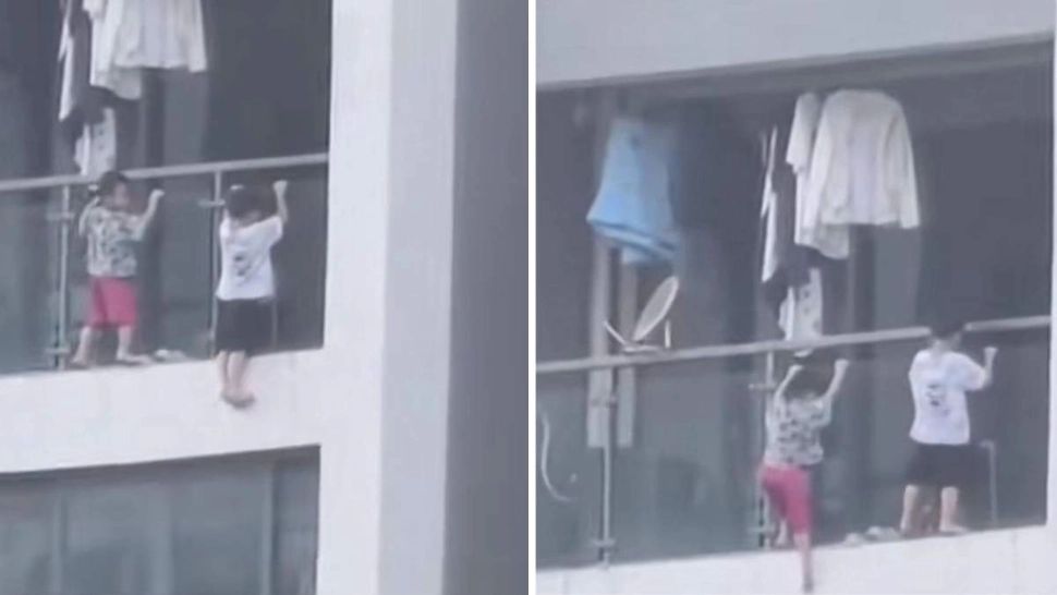 Scene de groază la etajul 13! Doi copii, surprinși în afara balconului unui apartament din China