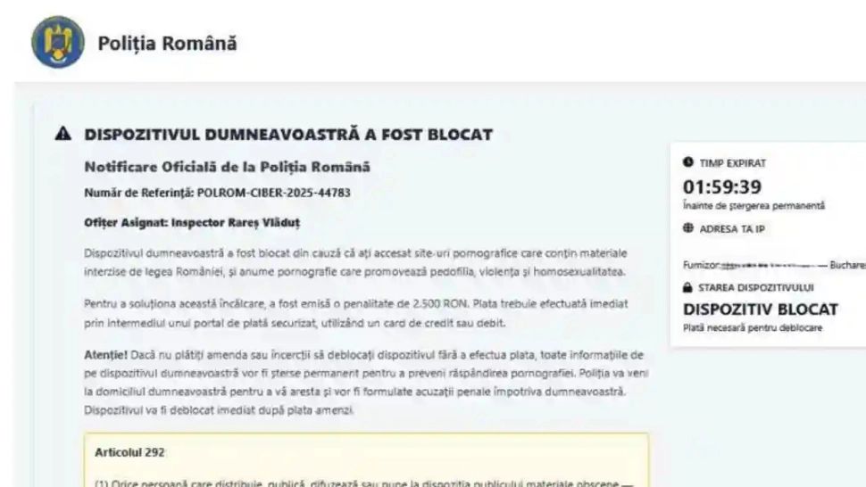 Mesaje false în numele Poliției Române: Nu dați curs avertizărilor de tipul ,,Dispozitivul a fost blocat”