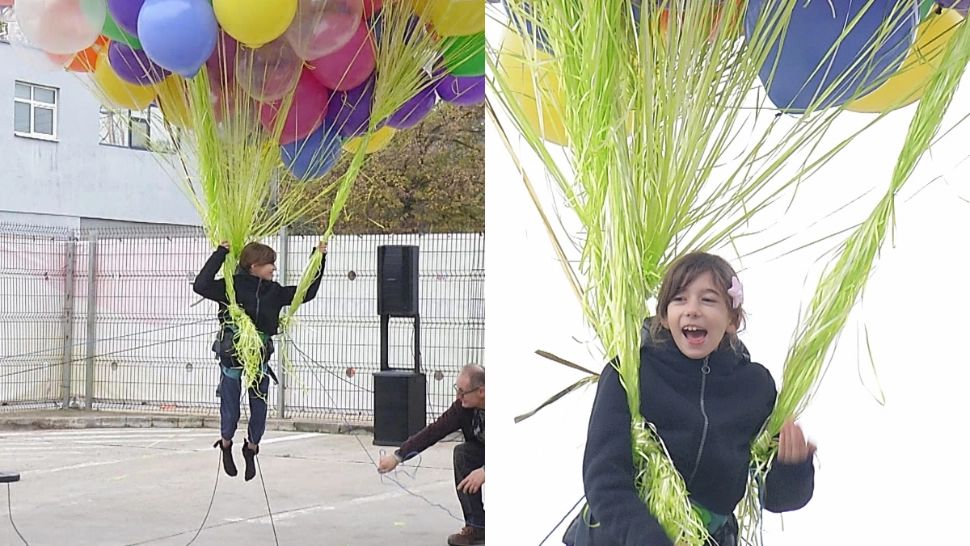 Experiment spectaculos la un liceu din Capitală: o elevă de 11 ani a fost ridicată în aer cu ajutorul a peste 600 de baloane cu heliu