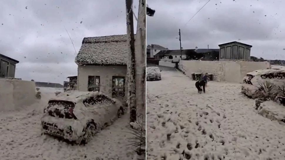 Fermă acoperită de spumă de mare, în urma unei furtuni puternice. Natura s-a dezlănțuit - VIDEO