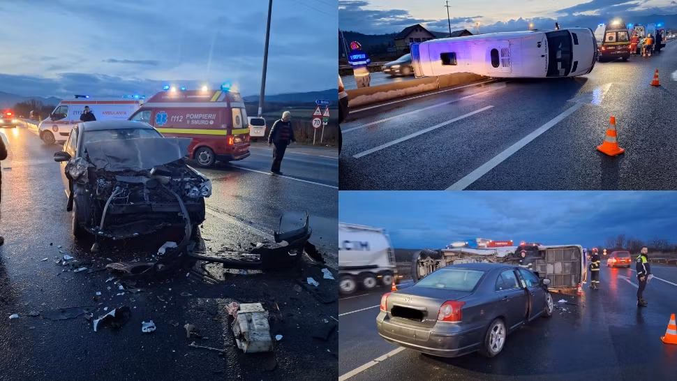 Plan Roșu de Intervenție în județul Sibiu. Un microbuz și un autoturism s-au ciocnit violent: 12 persoane implicate 