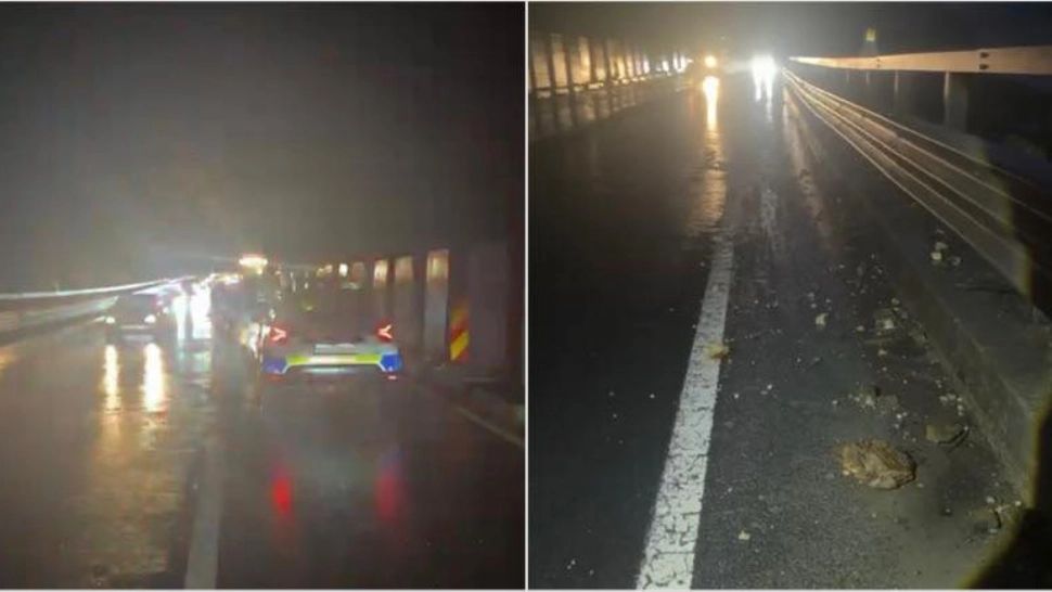 Valea Oltului, „bombardată” de o ploaie de bolovani care a căzut pe șosea, la Boița VIDEO