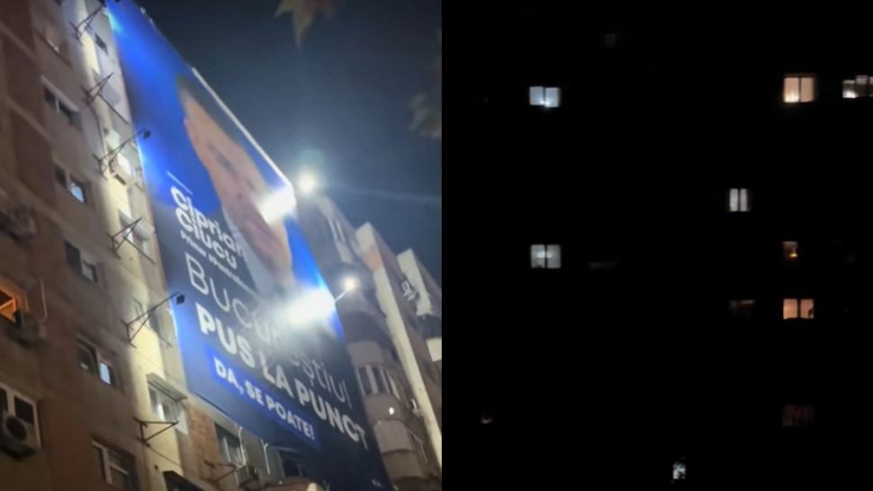 Bucureștenii, revoltați de banii pompați în campanie. Afișul cu Ciucu, luminat puternic, în spatele blocului, beznă