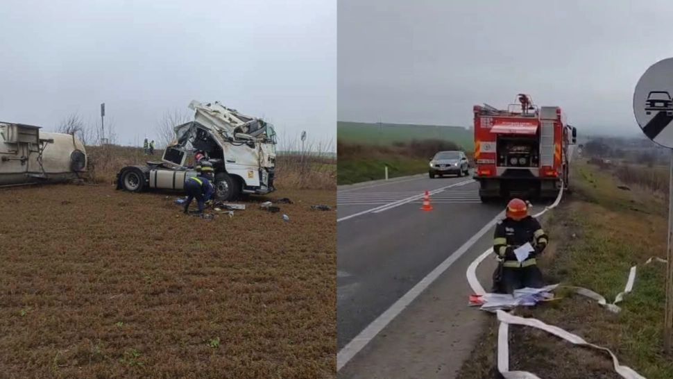 Alertă în județul Vaslui. O cisternă încărcată cu 25 de tone de motorină s-a răsturnat între Huși și Albița
