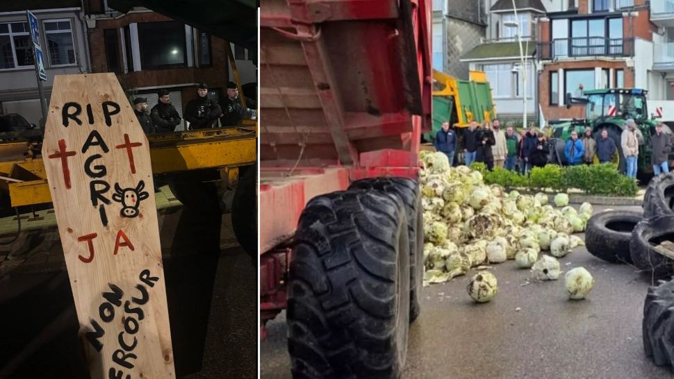 Fermierii francezi, proteste cu varză stricată și sicrie în fața casei lui Macron - VIDEO