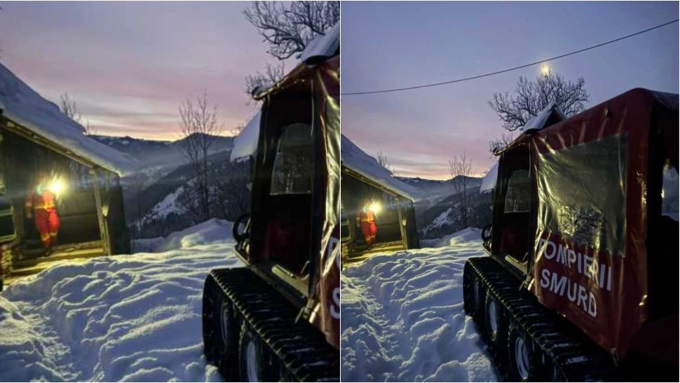 Intervenție dificilă în Munții Apuseni. Pacient cu piciorul amputat, transportat cu o autoșenilată până la ambulanță