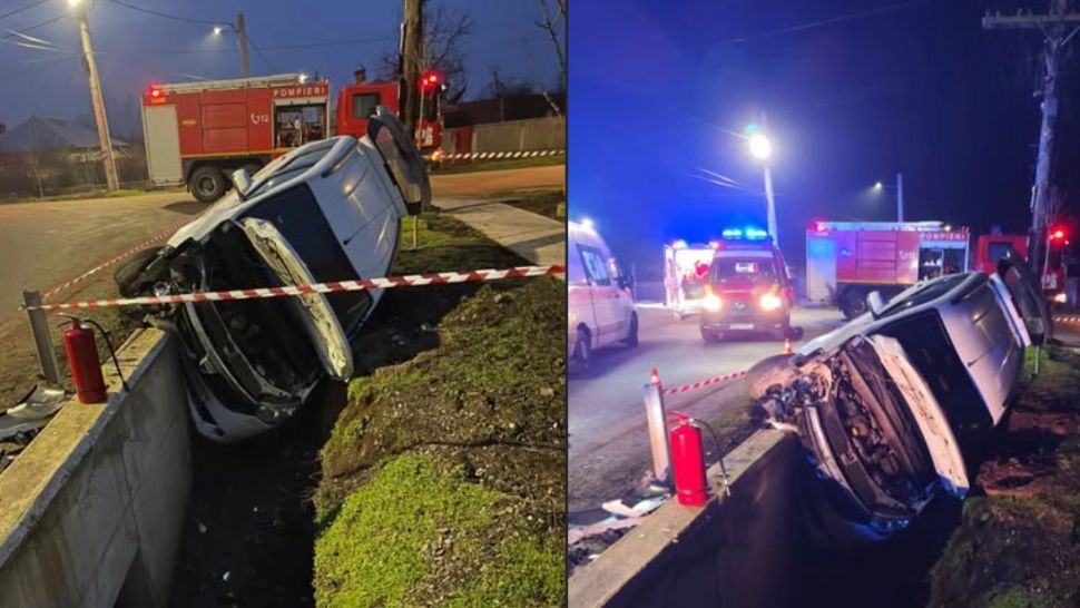 Accident grav pe o șosea din Teleorman: un autoturism cu șase persoane s-a răsturnat într-un șanț. Două victime au ajuns la spital - FOTO