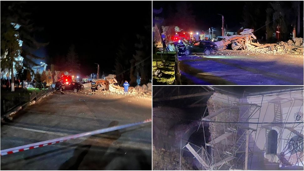 Biserică prăbușită în Cehu Silvaniei, în județul Sălaj. Mai multe autoturisme sunt sub ruine, iar un drum este blocat complet-FOTO/VIDEO