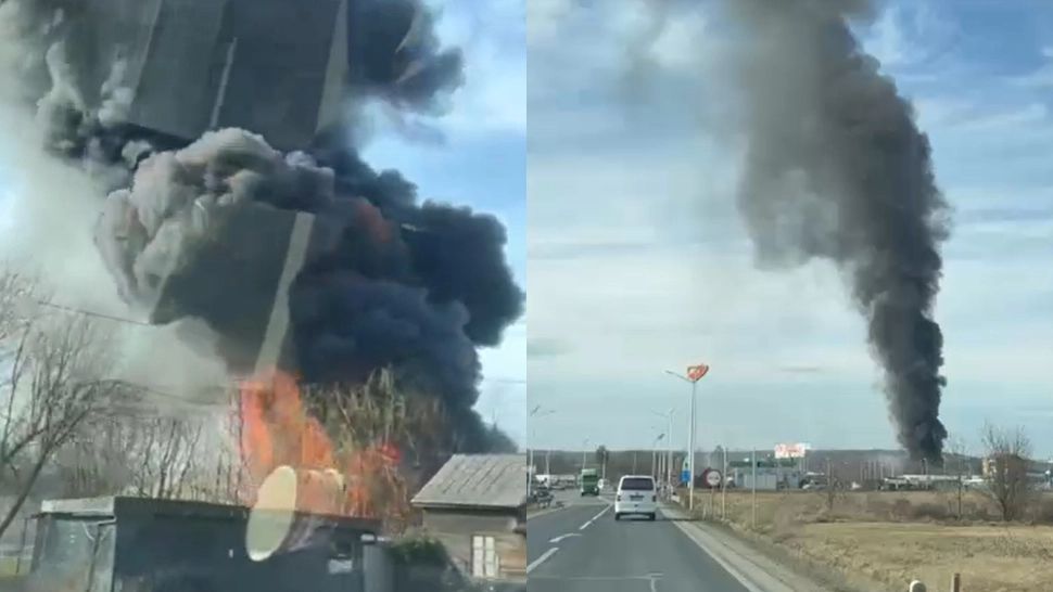 Incendiu de proporții la o vulcanizare din judeţul Sibiu. Traficul pe DN 1, la Veştem, este blocat -VIDEO