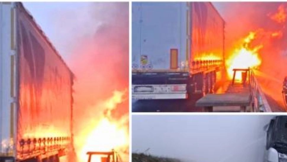 Autocamion în flăcări pe DN19, în Bihor. Incendiul ar fi pornit de la explozia unui cauciuc