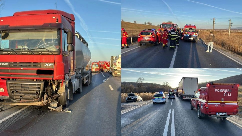 Trafic blocat pe DN 1, în județul Sibiu. Un bărbat și o fetiță, răniți după ce două autoturisme și un TIR s-au ciocnit 