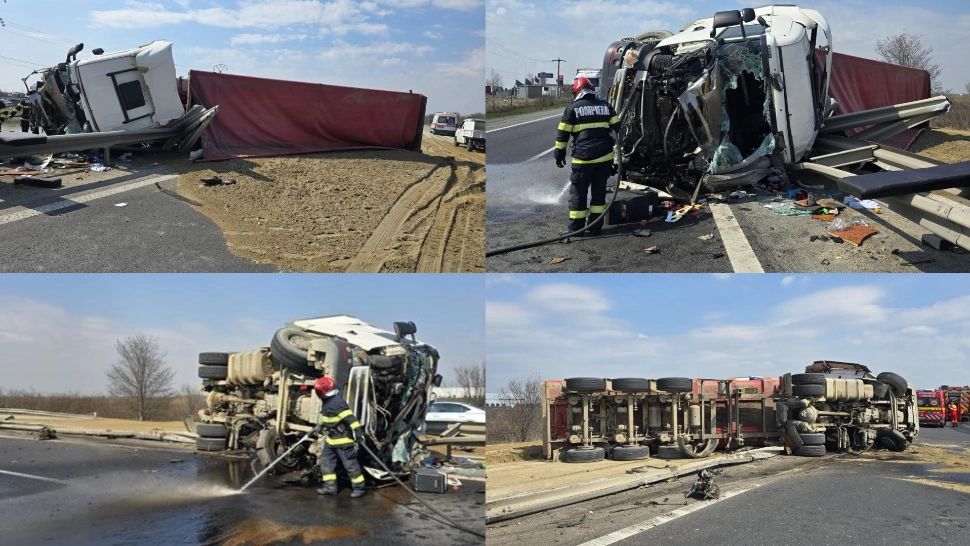 Trafic dat peste cap pe autostrada A1 Bucureşti – Piteşti. Un camion încărcat cu nisip s-a răsturnat pe șosea -FOTO