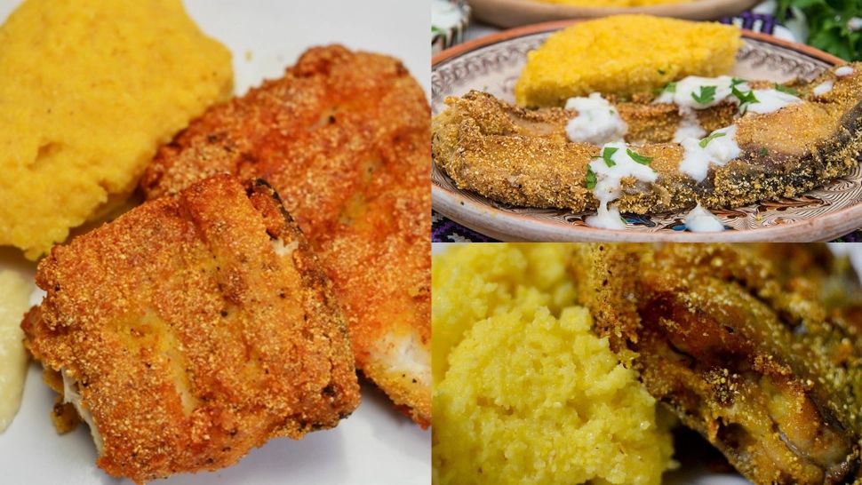 Pește în crustă de mălai cu mujdei de usturoi și mămăligă. Rețeta perfectă pe care trebuie să o încerci de Buna Vestire 