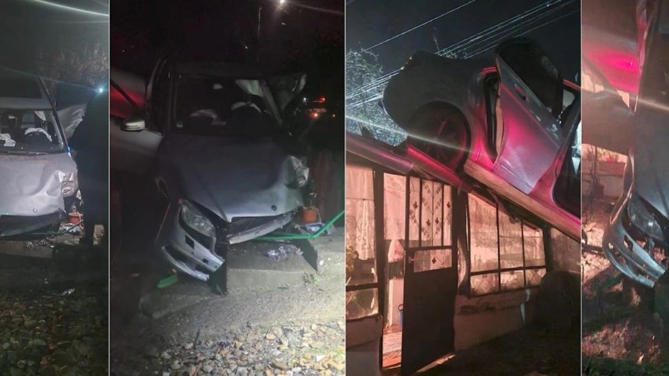 Accident spectaculos în Prahova! A ajuns cu mașina pe acoperișul casei după ce a derapat
