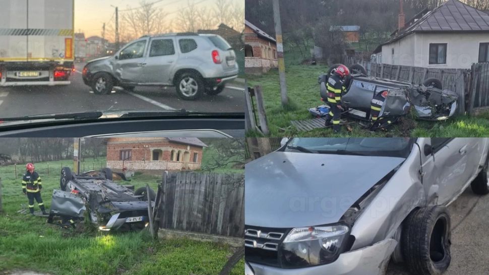 Accident grav în județul Argeș. O mașină s-a răsturnat, după ce a intrat pe contrasens și s-a ciocnit cu un alt autoturism 