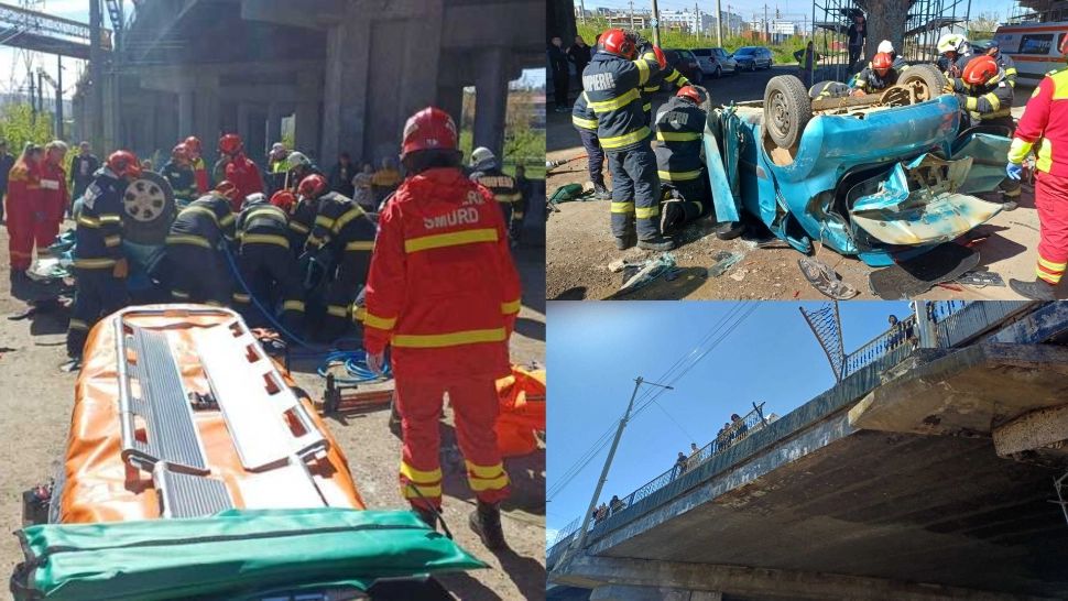 Accident deosebit de grav în Iaşi. O mașină a căzut de pe Pasarela Bucium, după ce s-a ciocnit cu un camion- FOTO