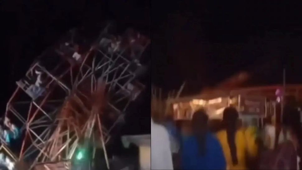 Momentul dramatic în care o roată de 18 metri plină cu oameni se prăbușește într-un parc de distracții din India - VIDEO