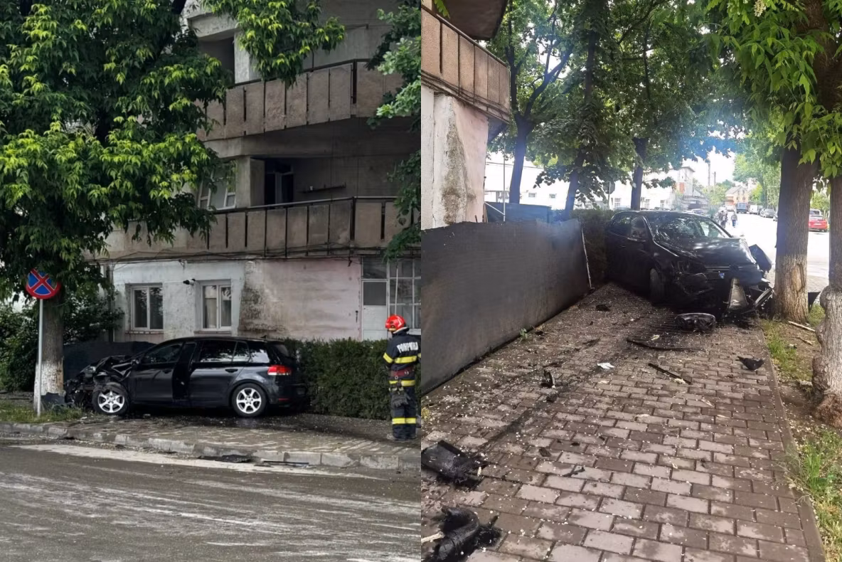 Accident în municipiul Bârlad. O mașină a ieșit de pe carosabil și s-a izbit violent de un copac-FOTO